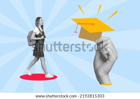 Surreal graphics collage of teen school lady step forward winning target mortarboard degree isolated color background