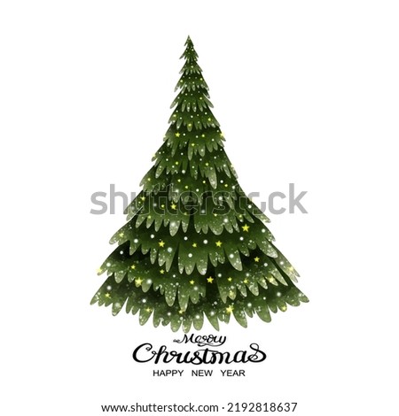Watercolor Christmas tree with gold star and light bulb.Vector illustration Merry Christmas and New Year with Xmas tree decoration for invitation or greeting card.