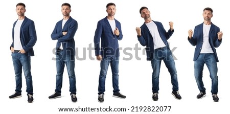 Set of mid adult businessman full length portraits doing different gestures studio isolated on white background Royalty-Free Stock Photo #2192822077