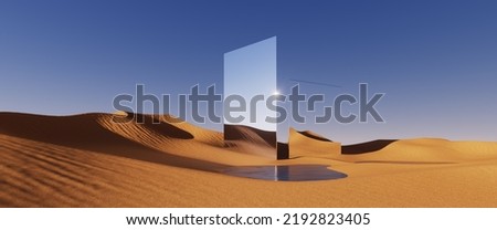 3d render, abstract fantastic panoramic background. Desert landscape with sand water and square mirror under the clear blue sky. Modern minimal aesthetic wallpaper