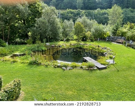 Biotope swimming pool in Ludvikov village in Jeseniky mountains in the Czech Republic. Environmental friendly way for leisure activities in mountains. Water is clean, cold and fresh with plants around Royalty-Free Stock Photo #2192828713