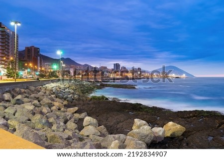 Panoramic view of the coastline of Antofagasta, know as the Pearl of the North and the biggest city in the Mining Region of northern Chile. Royalty-Free Stock Photo #2192834907