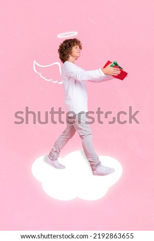 Creative abstract template collage of charming cute adorable curly little boy walking hold valentine present cupid angel wings nimbus