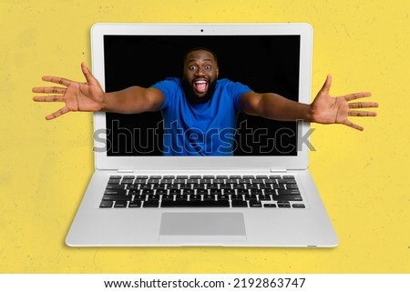 Creative drawing collage picture of excited happy man stretch hand want hug online friend chatting communication netbook modern technology