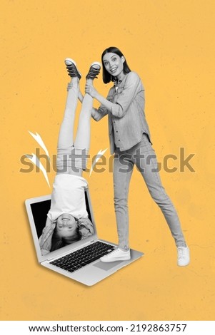Photo cartoon comics sketch collage of young mother hold little girl legs pull computer addicted disobedient child drawing background