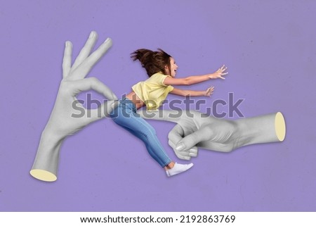 Composite collage picture of big human hands fingers hold touch overjoyed funny girl isolated on purple background