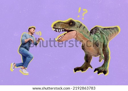 Collage photo of young funny guy grimace caricature talking with dinosaur shock unexpected isolated on pastel purple color background