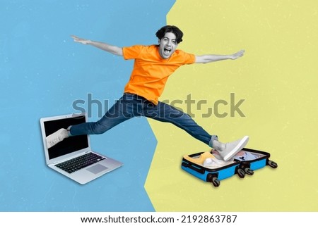 Photo cartoon comics sketch collage of crazy energetic guy programmer work vacation jump leave netbook pack travel suitcase ready have fun