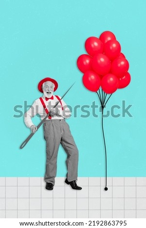 Photo collage image sketch postcard poster graphics of grandfather hold huge big needle want burst balloon isolated on painting background