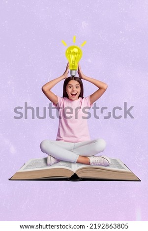 Collage artwork graphics picture of funny small lady sitting open book having creative idea isolated painting background