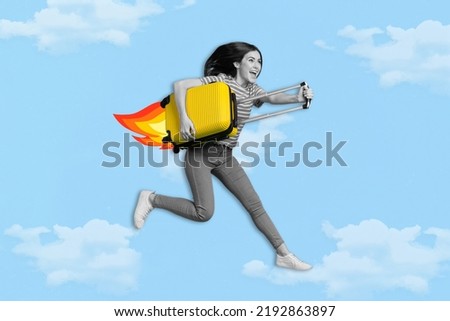 Artwork magazine picture of happy smiling lady flying suitcase rocket isolated drawing background