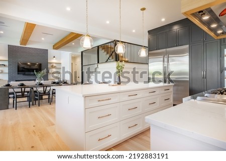 Interior modern and contemporary kitchen with farmhouse style and ocean view Royalty-Free Stock Photo #2192883191
