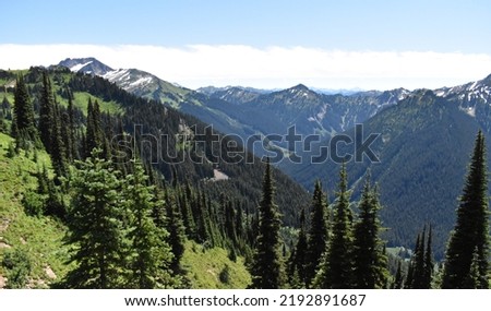 Beautiful mountains and lush green valleys as seen from White Pass Pilot Ridge trail within the Snoqualmie National Forest of Washington state.  Royalty-Free Stock Photo #2192891687