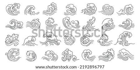 Oriental waves icons. Stylized ocean wave curls, japan style tsunami sea swirls graphics collection, oceanic water asian decorative ornamental splashes vector elements