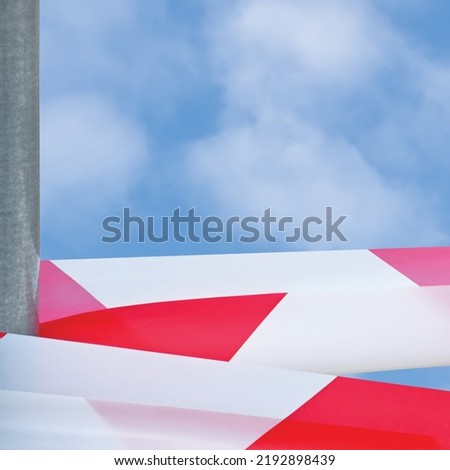 Large Red White Do Not Cross Barricade Tape Copy Space, Detailed Bright Horizontal Sunny Summer Sky Cloudscape, Grey Post, Crime Scene Marking Closeup, Construction Site Cordon Safety Barrier Concept