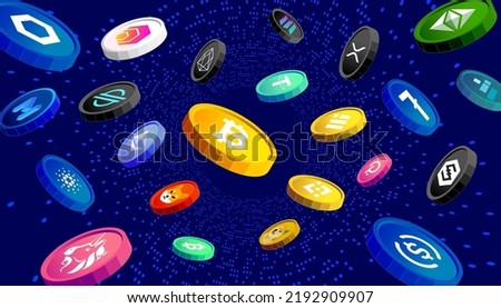 Cryptocurrency coins banner concept. Digital money falling on blue background. Royalty-Free Stock Photo #2192909907