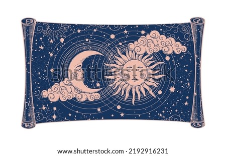 Divine scroll of universe device, astrology or tarot banner. Sun and moon with a face on a blue background with stars. Mystical vector illustration, line drawing by hand.