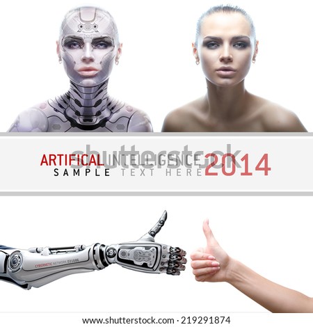 Female robot portraits. Cyber prototype with real girl. Artifical arms with thumbs up