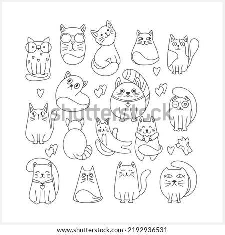 Doodle cat set clip art. Hand drawn art line. Sketch animal. Coloring page book. Vector stock illustration. EPS 10