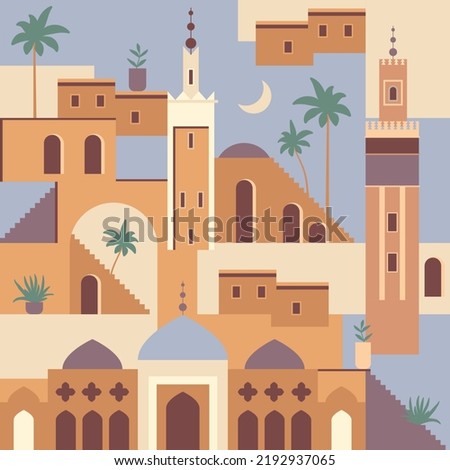 Abstract Middle Eastern town flat illustration. Seamless architecture pattern. Morocco inspired digital paper with mosque, tower, house, plants, palm trees. Set of flat buildings. Travel clip art