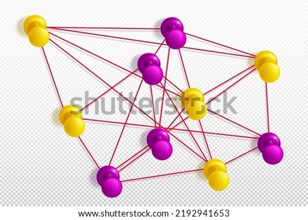 Push pins network or map, yellow and pink pushpins connection, thumbtacks connected with red thread, Isolated paperwork accessories, memory board, needles for notes or schedule Realistic 3d vector Royalty-Free Stock Photo #2192941653