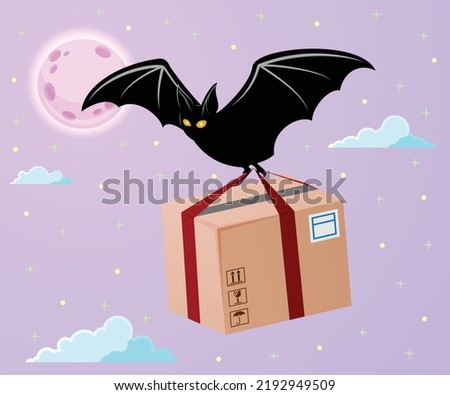 Halloween speedy delivery service banner commercial. In a moonlit, purple night sky dotted with stars, a bat courier delivers a package. Orders can be placed from home for online retailers. Vector Royalty-Free Stock Photo #2192949509