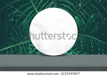 Marble Table and White Marble Partition with Leaf Background in Tidewater Green Tone, Suitable for Cosmetic Product Presentation Backdrop, Display, and Mock up.