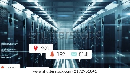 Image of social media icons and numbers and data processing over computer servers. Global social media, computing, data processing and digital interface concept digitally generated image.