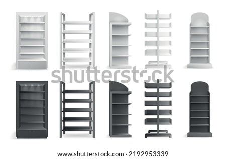 Realistic shelving set of white and black empty shelves and racks of different styles isolated vector illustration Royalty-Free Stock Photo #2192953339