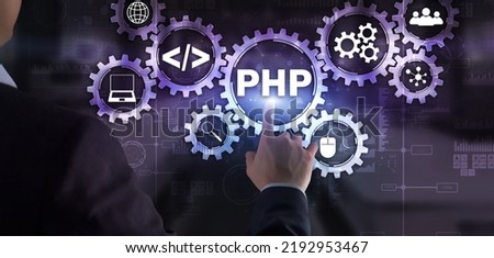 PHP coding Concept. Programmer search. Technology Background