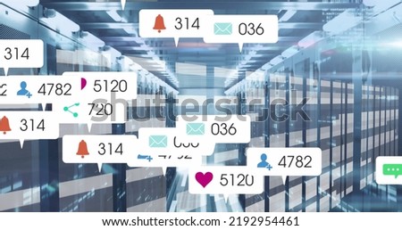 Image of social media icons and numbers and data processing over computer servers. Global social media, computing, data processing and digital interface concept digitally generated image.