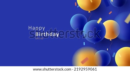Happy Birthday greeting with blue and yellow round 3d air balloons. Vector illustration