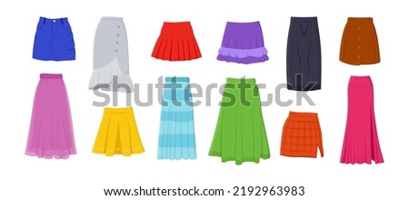 Different skirts for women vector illustrations set. Collection of cartoon drawings of woman clothes, long and mini skirts of different colors isolated on white background. Clothes, fashion concept Royalty-Free Stock Photo #2192963983