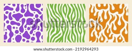 Groovy Seamless Patterns Set with Lava Lamp, Zebra and Flame. Abstract Vector Background in 1970s Hippie Retro Style for Print on Textile, Wrapping Paper, Web Design, Social Media