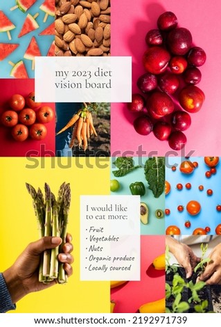 Composition of vision board text over vegetables and fruit. Vision board maker and celebration concept digitally generated image.