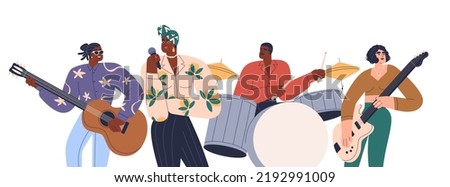 Music band, African-American singer with microphone, musicians playing instruments, drum, guitar. Black people stars group performing. Flat graphic vector illustration isolated on white background