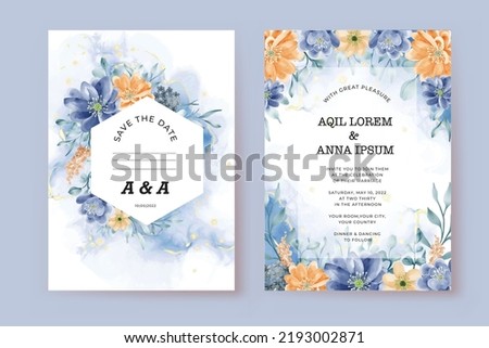 Beautiful blue orange floral wedding card template Royalty-Free Stock Photo #2193002871