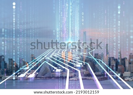 New York City skyline from New Jersey over Hudson River, Midtown Manhattan skyscrapers at sunset, USA. Artificial Intelligence concept, hologram. AI, machine learning, neural network, robotics