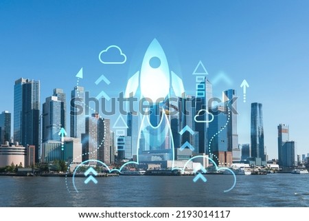 New York City skyline from New Jersey over the Hudson River towards the Hudson Yards at day. Manhattan, Midtown. Startup company, launch project to seek and develop scalable business model, hologram