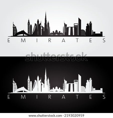 United Arab Emirates skyline and landmarks silhouette, black and white design, vector illustration. Royalty-Free Stock Photo #2193020959