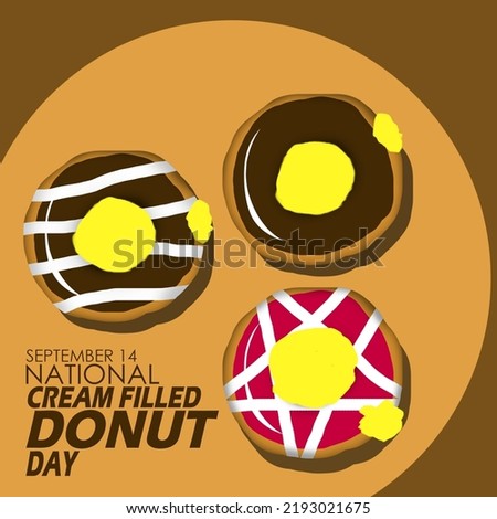 Three donuts with different flavors and filled with cream with bold text on brown background to celebrate National Cream Filled Donut Day on September 14