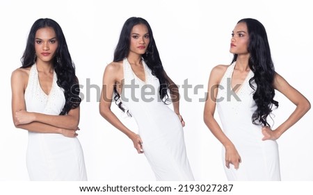 Woman wear white evening gown over white background