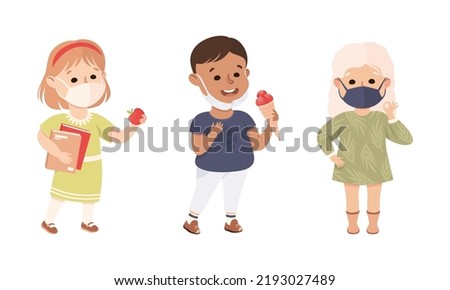Happy Boy and Girl Wearing Face Mask as New Normal Lifestyle Vector Illustration Set