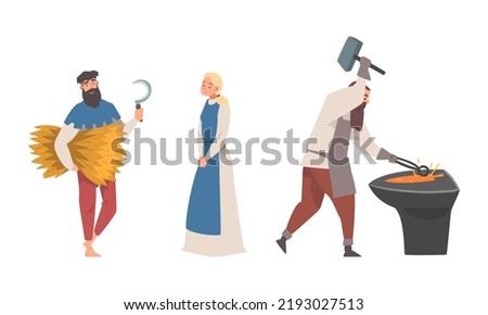 Bearded Medieval Male Peasant Carrying Hay and Blacksmith with Hammer Vector Illustration Set Royalty-Free Stock Photo #2193027513