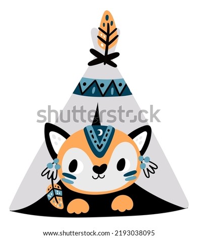 Cute fox in native american tent. Animal in tepee print