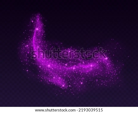 Magic cloud with sparkles, purple fairy stardust with sparks. Shiny fog for a witch spell, cosmic dust with glowing flares isolated on a dark background. Vector illustration. Royalty-Free Stock Photo #2193039515
