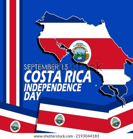 Costa Rica country map and flag with ribbon and bold text on blue background to commemorate Costa Rica Independence Day on September 15