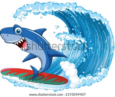 Cute shark cartoon character surfing illustration