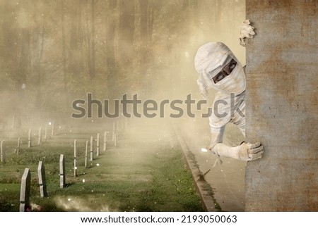 Mummy comes from behind the wall with a cemetery background. Halloween concept