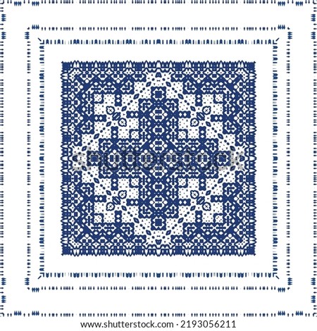 Portuguese vintage azulejo tiles. Vector seamless pattern flyer. Kitchen design. Blue antique background for pillows, print, wallpaper, web backdrop, towels, surface texture.